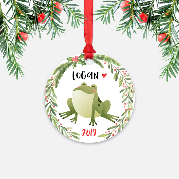 Frog Woodland Animal Personalized Kids Name Christmas Ornament for Boy or Girl - Round Aluminum - Red ribbon