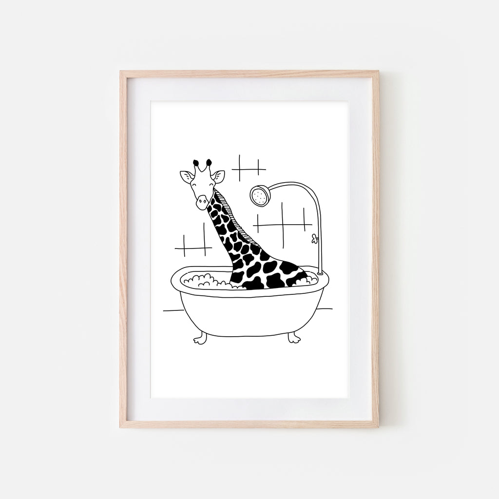 Giraffe - Safari Animal in Bathtub Wall Art - Funny Bathroom Decor - Black and White Drawing - Downloadable Print