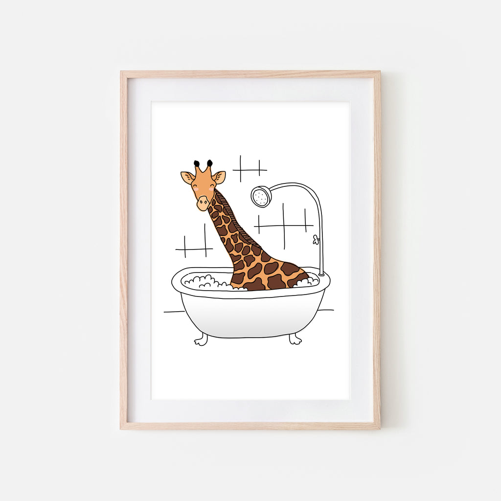 Giraffe - Animal in Bathtub Art - Funny Safari Theme Bathroom Wall Decor for Kids - Printable Digital Download Illustration