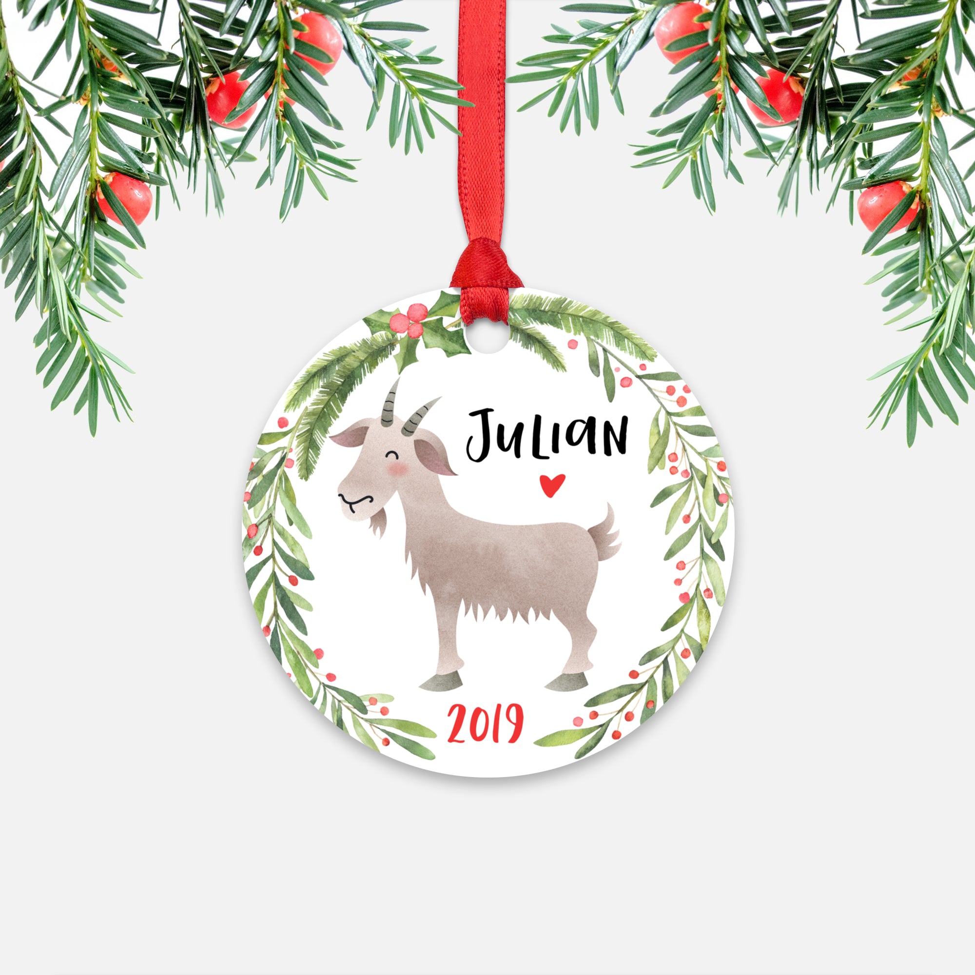 Goat Farm Animal Personalized Kids Name Christmas Ornament for Boy or Girl - Round Aluminum - Red ribbon