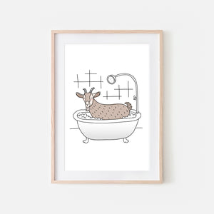 Goat - Animal in Bathtub Art - Funny Farm Theme Bathroom Wall Decor for Kids - Printable Digital Download Illustration
