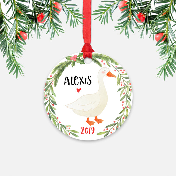 White Goose Farm Animal Personalized Kids Name Christmas Ornament for Boy or Girl - Round Aluminum - Red ribbon