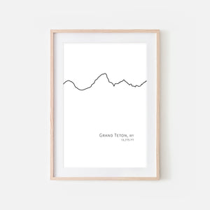 Grand Teton National Park Wyoming WY USA Mountain Wall Art Print - Minimalist Peak Summit Elevation Contour One Line Drawing - Abstract Landscape - Black and White Home Decor Climbing Hiking Decor - Large Small Shipped Paper Print or Poster - OR - Downloadable Art Print DIY Digital Printable Instant Download - By Happy Cat Prints
