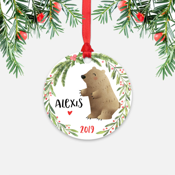 Grizzly Bear Woodland Animal Personalized Kids Name Christmas Ornament for Boy or Girl - Round Aluminum - Red ribbon