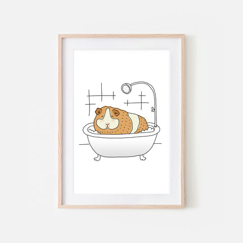 Guinea Pig - Animal in Bathtub Art - Funny Pet Theme Bathroom Wall Decor for Kids - Printable Digital Download Illustration