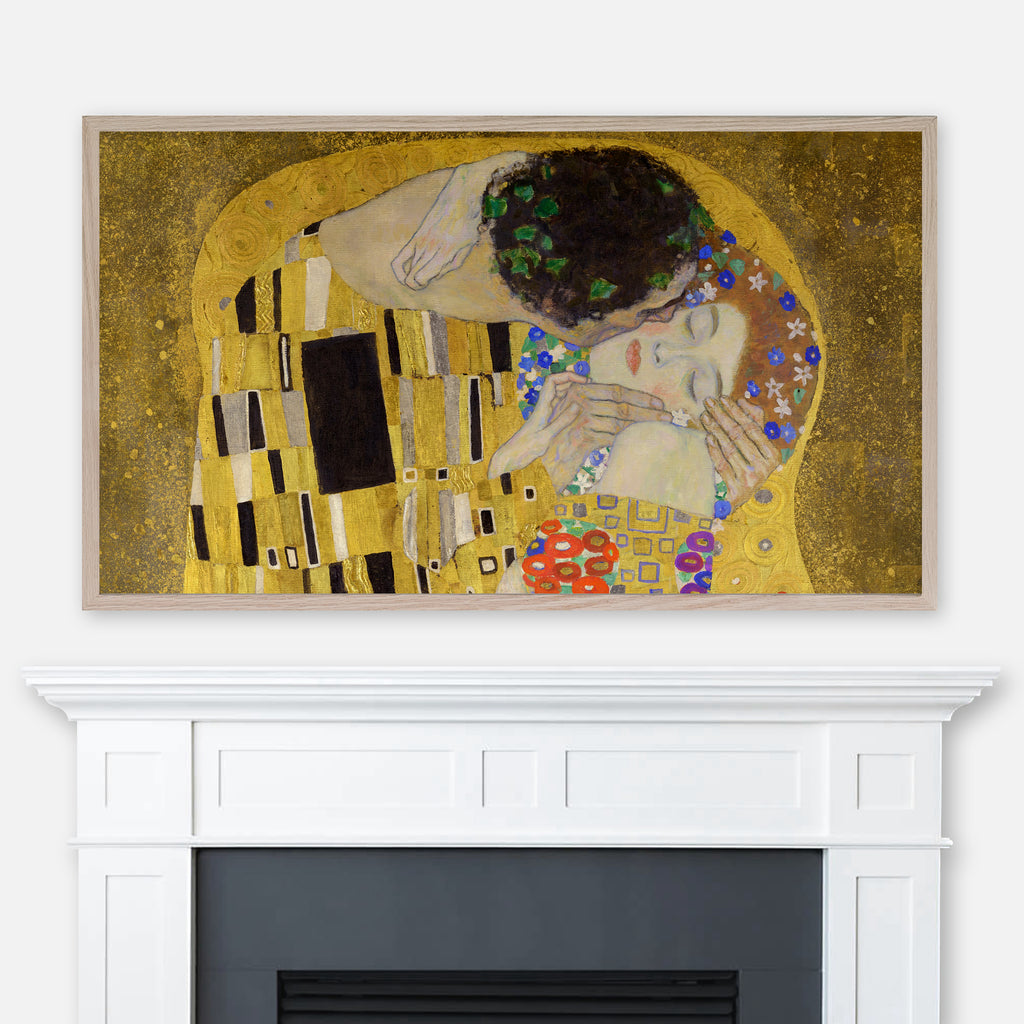 Gustav Klimt's The Kiss painting displayed in Samsung Frame TV above fireplace