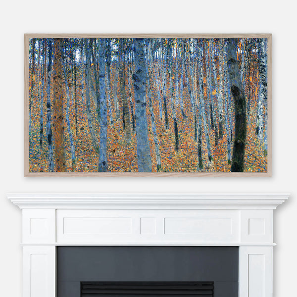 Gustav Klimt's Beech Grove I painting displayed in Samsung Frame TV above fireplace