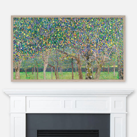 Gustav Klimt's Pear Tree painting displayed in Samsung Frame TV above fireplace
