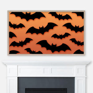 Halloween Samsung Frame TV Art 4K - Black Bat Silhouettes Pattern on Orange Gradient Background - Digital Download