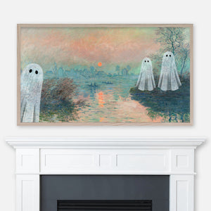 Ghostly Famous Painting - Three Ghosts in Claude Monet’s Sun Setting on the Seine - Halloween Samsung Frame TV Art 4K - Digital Download