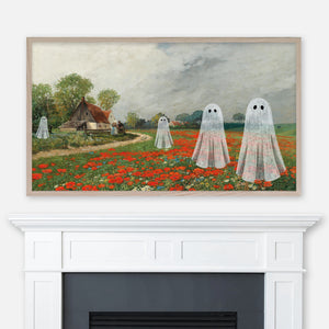 Ghostly Famous Painting - Four Ghosts in Adolf Kaufmann’s Poppy Field with Daisies - Halloween Samsung Frame TV Art 4K - Digital Download