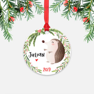 Hedgehog Woodland Animal Personalized Kids Name Christmas Ornament for Boy or Girl - Round Aluminum - Red ribbon