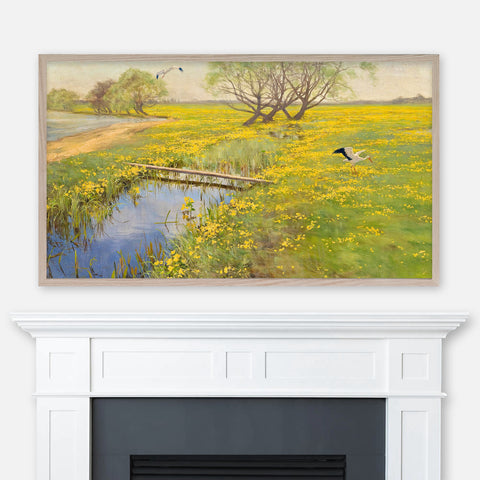 Henryk Weyssenhoff Landscape Painting - Springtime - Yellow Flowers Field, Stream & Stork Birds - Samsung Frame TV Art 4K - Digital Download