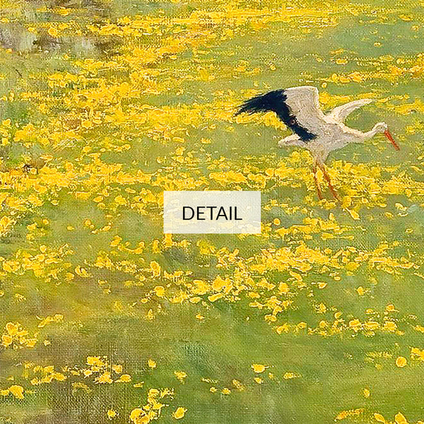 Henryk Weyssenhoff Landscape Painting - Springtime - Yellow Flowers Field, Stream & Stork Birds - Samsung Frame TV Art 4K - Digital Download