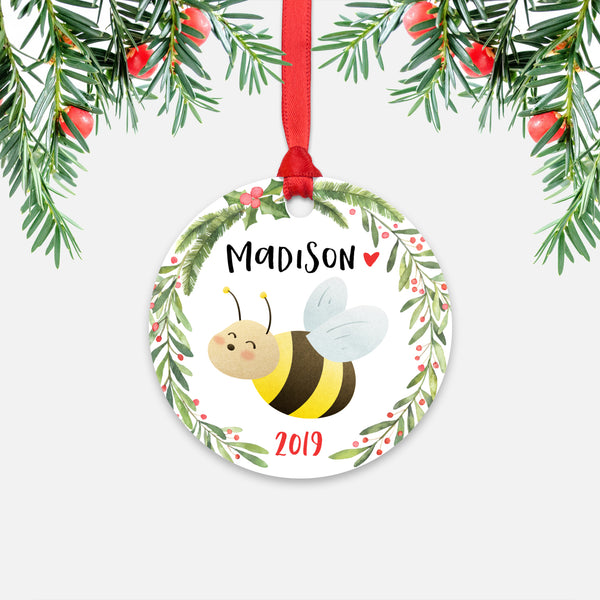 Honey Bee Bug Animal Personalized Kids Name Christmas Ornament for Boy or Girl - Round Aluminum - Red ribbon