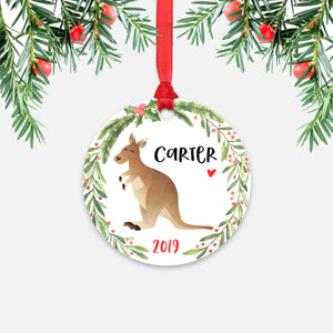 Kangaroo Australian Animal Personalized Kids Name Christmas Ornament for Boy or Girl - Round Aluminum - Red ribbon