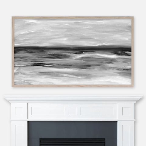 Ocean Waves Abstract Landscape Painting - Samsung Frame TV Art - Digital Download - Black & White - Coastal Decor