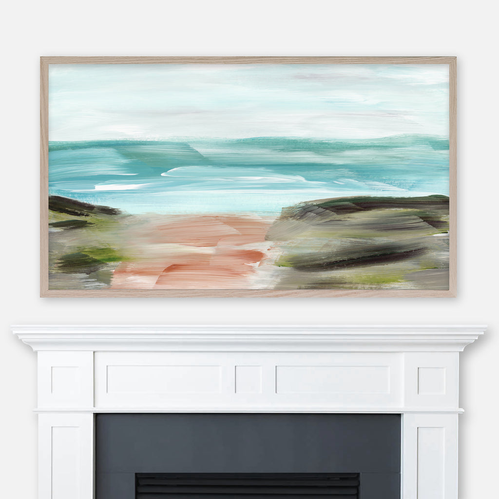 Abstract coastal landscape painting of a path to the ocean displayed in Samsung Frame TV above fireplace