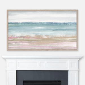 Turquoise pink and beige abstract beach landscape painting displayed in Samsung Frame TV above fireplace