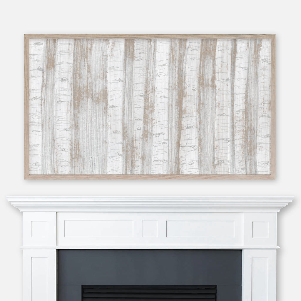 Neutral gray beige and white abstract aspen trees painting displayed in Samsung Frame TV above fireplace