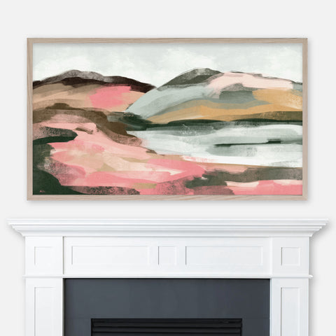 Sweet Escape I - Pink & Tan Version - Samsung Frame TV Art 4K - Digital Download - Abstract Mountain & Lake Landscape Painting