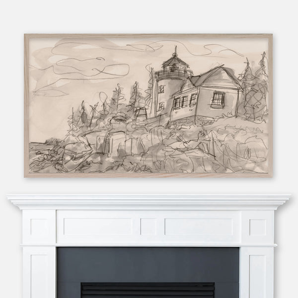 Coastal Maine drawing of Bass Harbor Head Lighthouse in Acadia National Park displayed full screen in Samsung Frame TV above fireplace