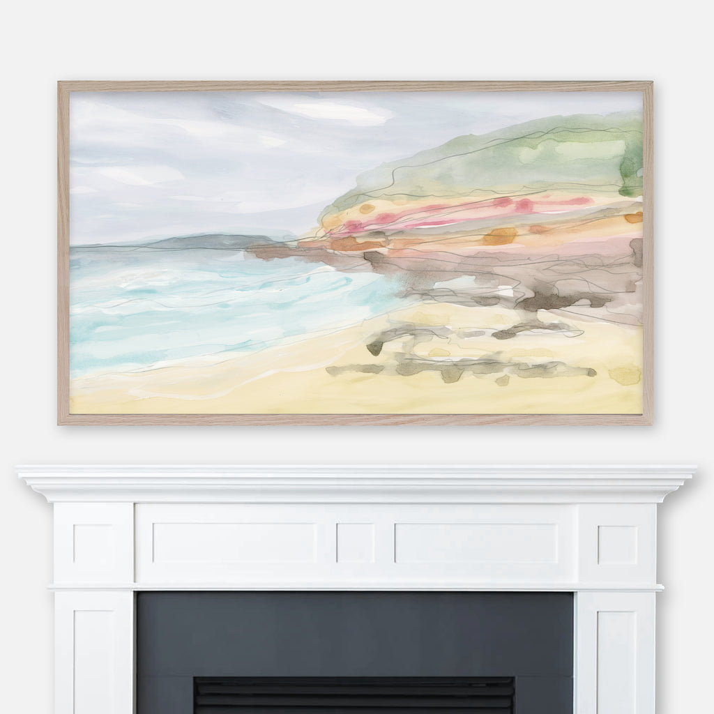 Pastel watercolor abstract coastal landscape painting displayed full screen in Samsung Frame TV above fireplace