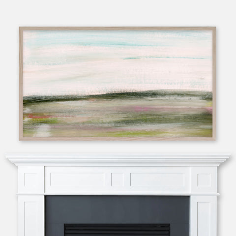 Olive green abstract field landscape painting displayed full screen in Samsung Frame TV above fireplace