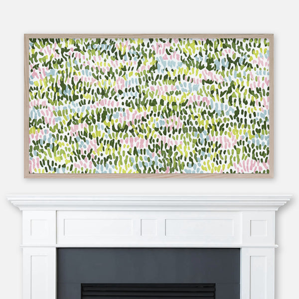Olive green and pastels abstract floral garden landscape painting displayed full screen in Samsung Frame TV above fireplace