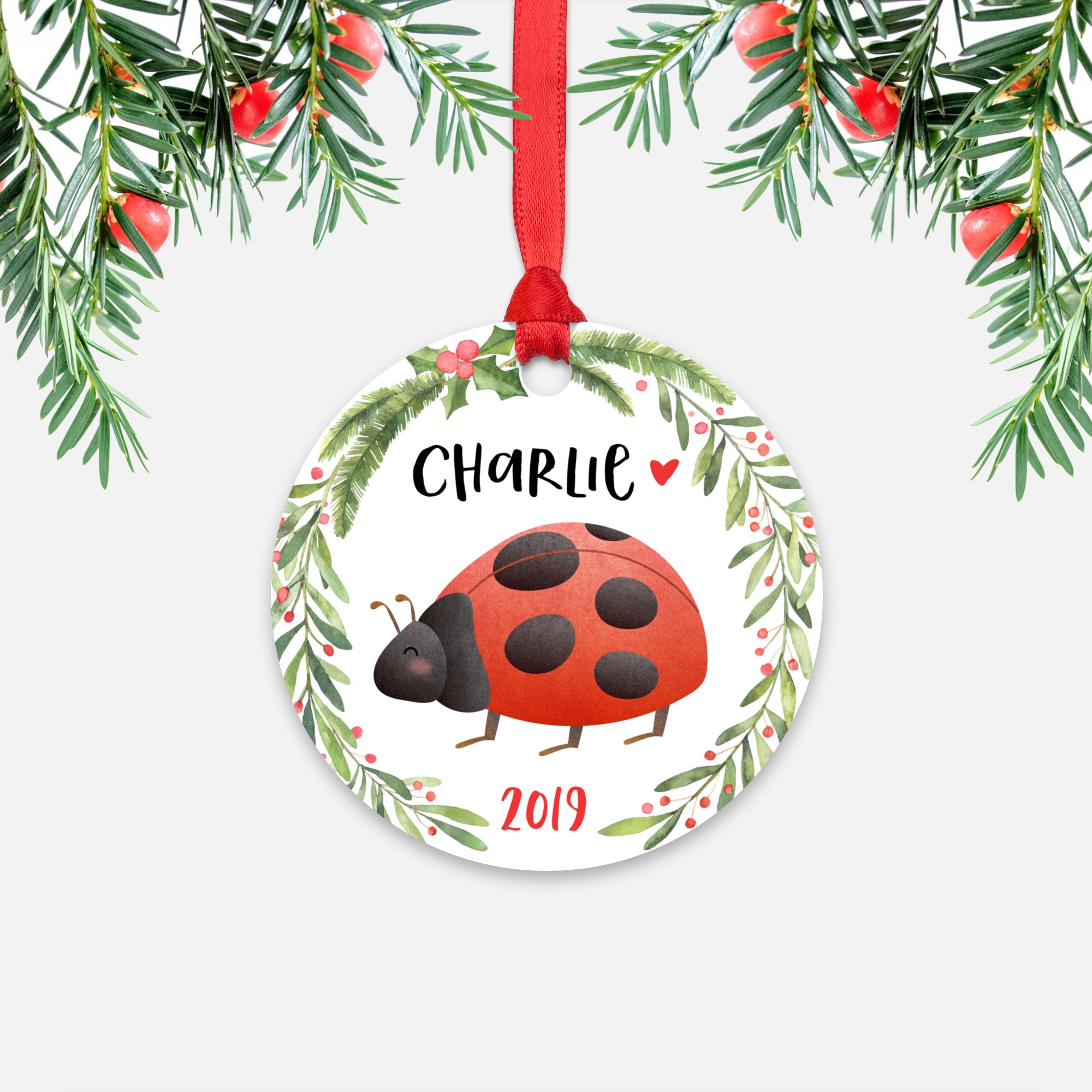 Ladybug Insect Bug Animal Personalized Kids Name Christmas Ornament for Boy or Girl - Round Aluminum - Red ribbon