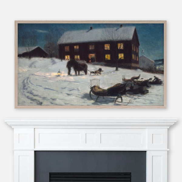 Christmas Party - Lars Jorde Vintage Painting - Samsung Frame TV Art 4K - Country Home with Sleighs in Snow & People Arriving - Digital Download