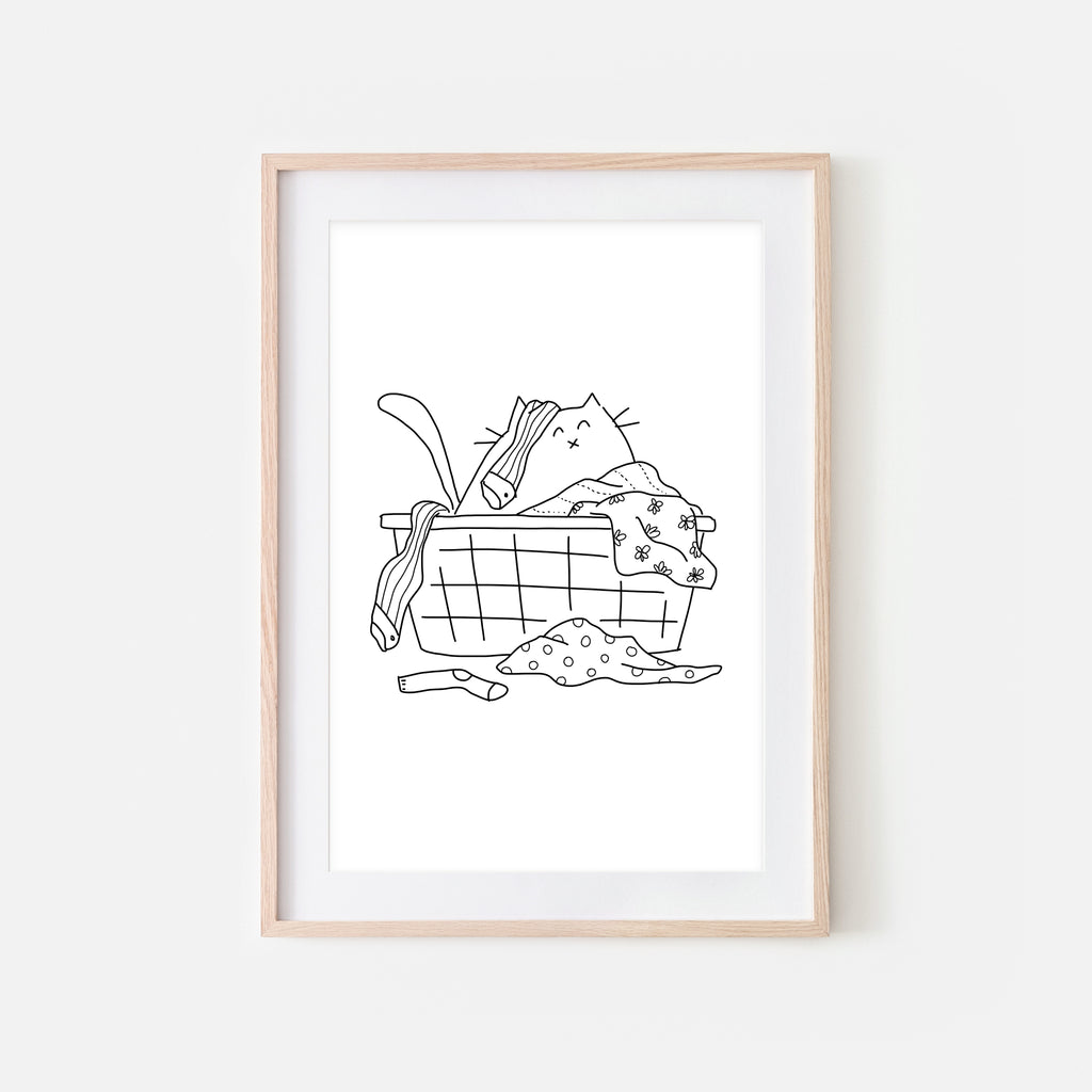 White Cat in Messy Laundry Basket - Funny Laundry Room Decor - Printable Wall Art