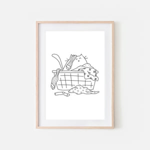 White Cat in Messy Laundry Basket - Funny Laundry Room Decor - Printable Wall Art