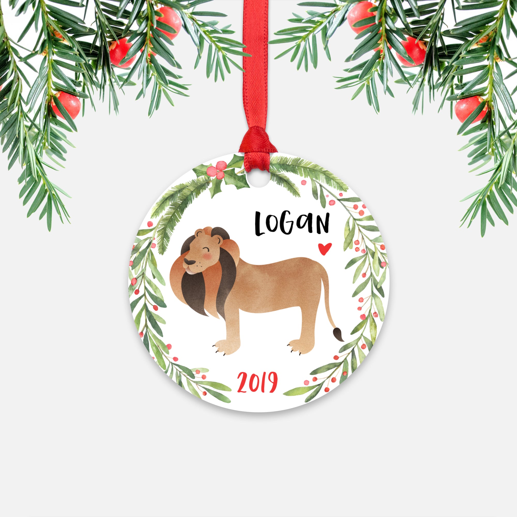 Lion Safari Animal Personalized Kids Name Christmas Ornament for Boy or Girl - Round Aluminum - Red ribbon