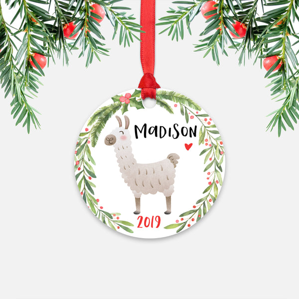Llama Alpaca Farm Animal Personalized Kids Name Christmas Ornament for Boy or Girl - Round Aluminum - Red ribbon
