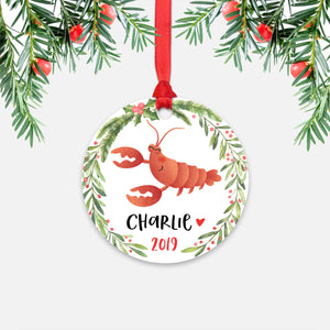 Lobster Sea Ocean Animal Personalized Kids Name Christmas Ornament for Boy or Girl - Round Aluminum - Red ribbon