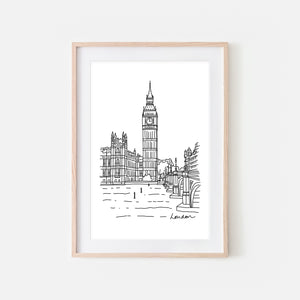 London No. 3 - Big Ben Clock Tower Wall Art - Black and White Line Drawing - Print, Poster or Printable Download