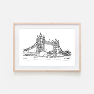 London No. 4 - Tower Bridge Wall Art - Black and White Line Drawing - Print, Poster or Printable Download