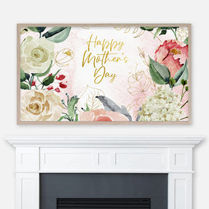 Happy Mother's Day - Samsung Frame TV Art 4K - Digital Download - Gold Pink Beige Watercolor Floral Bloom Background
