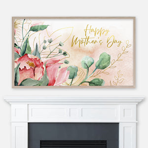 Happy Mother's Day - Samsung Frame TV Art 4K - Digital Download - Gold Blush Watercolor Floral Leaves Background