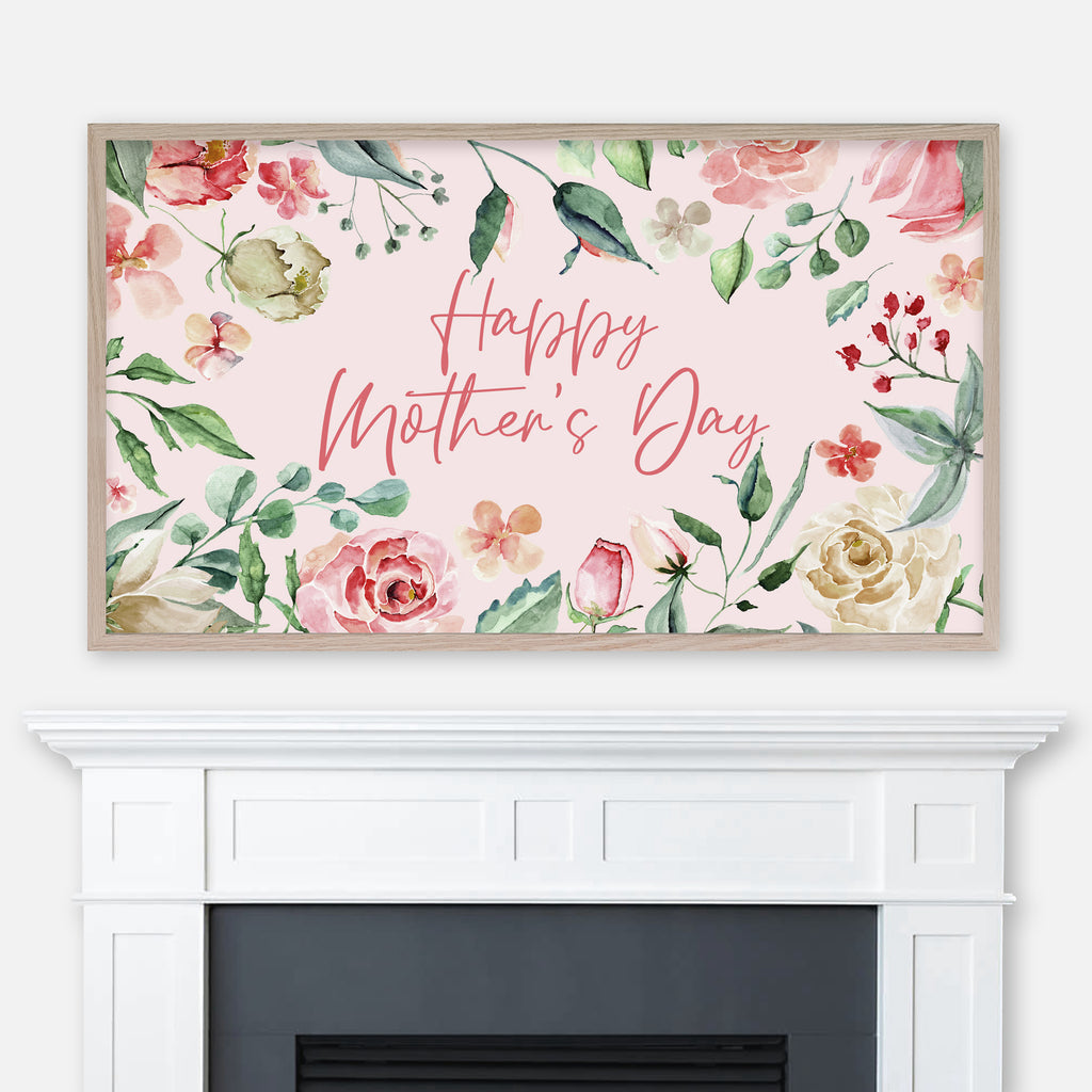 Happy Mother's Day - Samsung Frame TV Art 4K - Digital Download - Pink Watercolor Rose Floral Frame Background