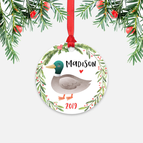 Mallard Duck Farm Animal Personalized Kids Name Christmas Ornament for Boy or Girl - Round Aluminum - Red ribbon