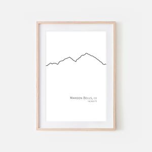 Maroon Bells Colorado CO USA Mountain Wall Art Print - Minimalist Peak Summit Elevation Contour One Line Drawing - Abstract Landscape - Black and White Home Decor Climbing Hiking Decor - Large Small Shipped Paper Print or Poster - OR - Downloadable Art Print DIY Digital Printable Instant Download - By Happy Cat Prints
