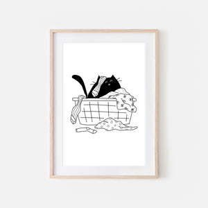 Black Cat in Messy Laundry Basket - Funny Laundry Room Decor - Printable Wall Art