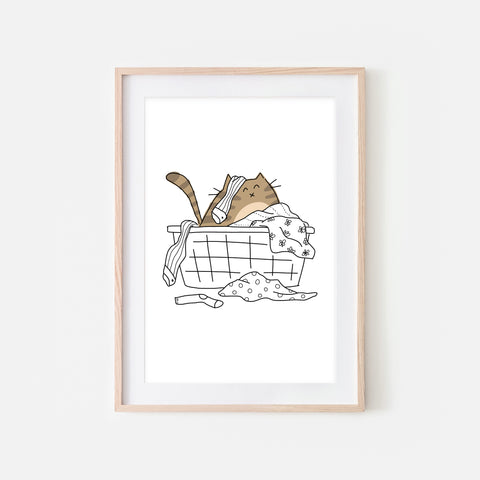 Brown Tabby Cat in Messy Laundry Basket - Funny Laundry Room Decor - Printable Wall Art