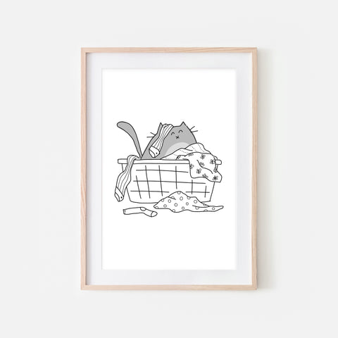 Gray Cat in Messy Laundry Basket - Funny Laundry Room Decor - Printable Wall Art