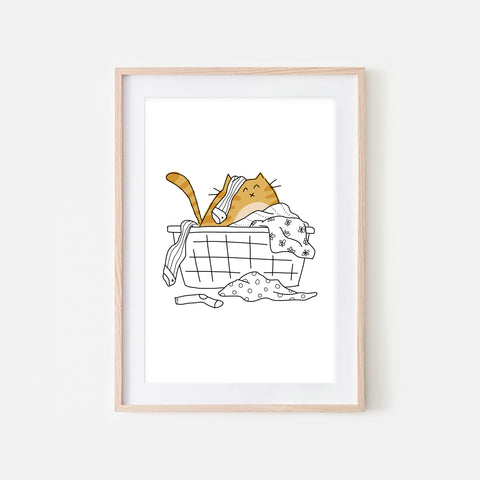 Orange Tabby Cat in Messy Laundry Basket - Funny Laundry Room Decor - Printable Wall Art