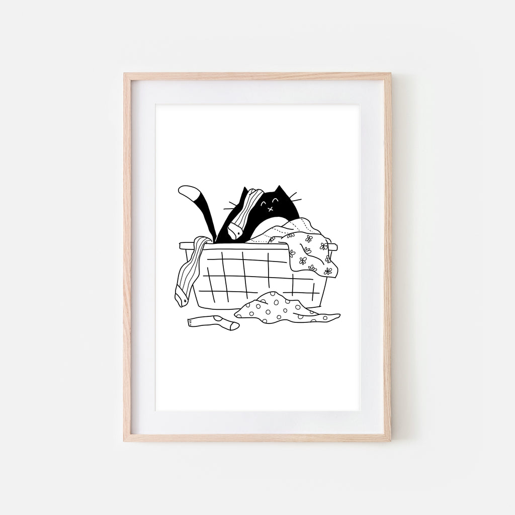 Tuxedo Cat in Messy Laundry Basket - Funny Laundry Room Decor - Printable Wall Art