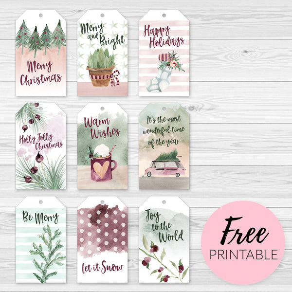 FREE Printable Christmas Gift Tags - Boho Rustic Plum Green Watercolor – Happy Cat Prints free-printable-christmas-gift-tags-boho-rustic-plum-green-watercolor-happy-cat-prints