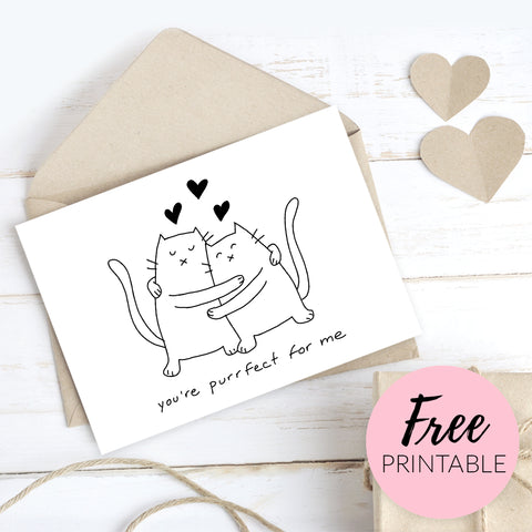 Free Printable Valentines Day Card for Cat Lover - You're Purrfect For Me - Cat couple hugging with hearts